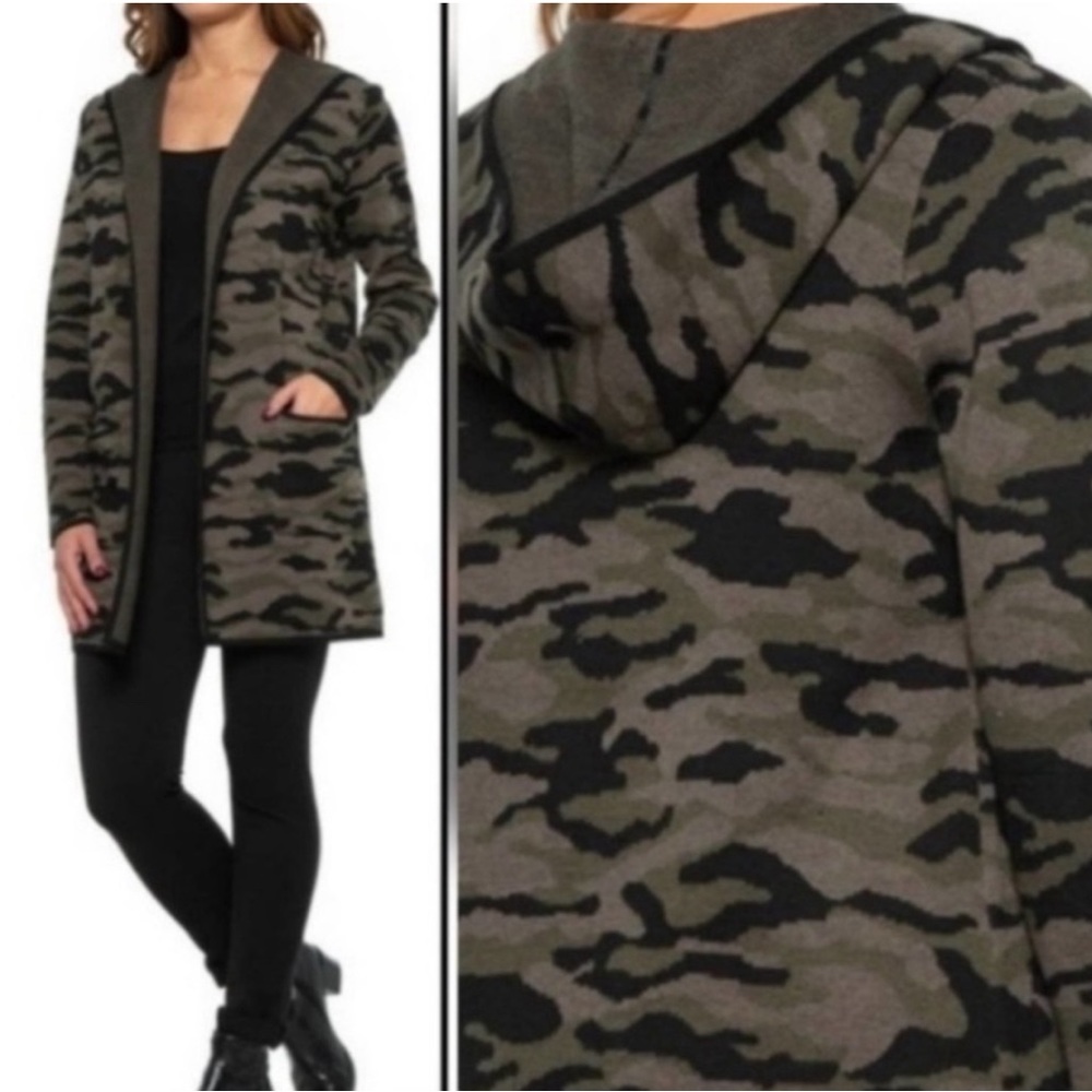 Rachel Zoe Open Front Camo Print Cardigan Sweater Hood Pockets Size Large with